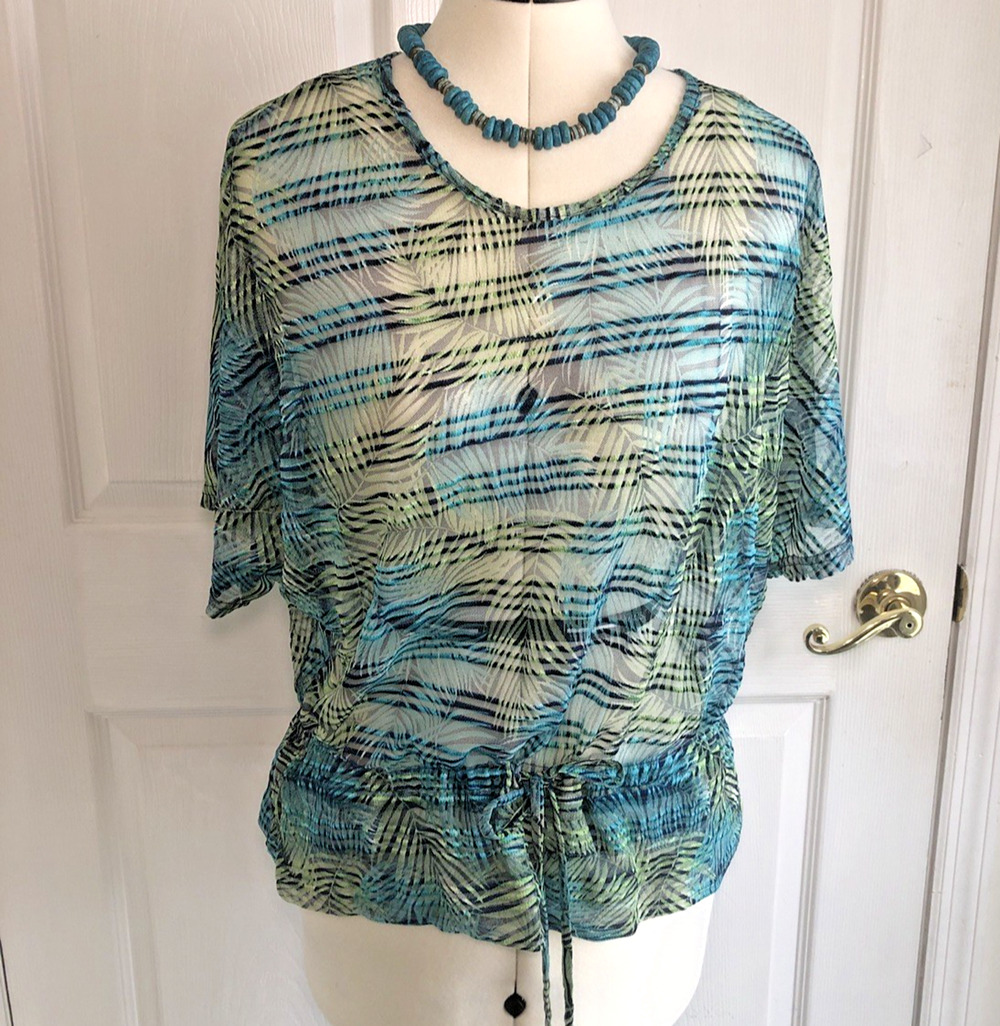 Vtg Y2K womans sheer top PXL tropical palm leaf Indie Sleaze Resortwear coastal